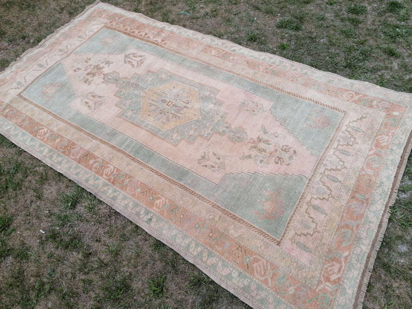 Vintage pastel rug 5'1x9'4 turkish oushak rug, rustic unsual tribal rug retro style rug traditional turkish design