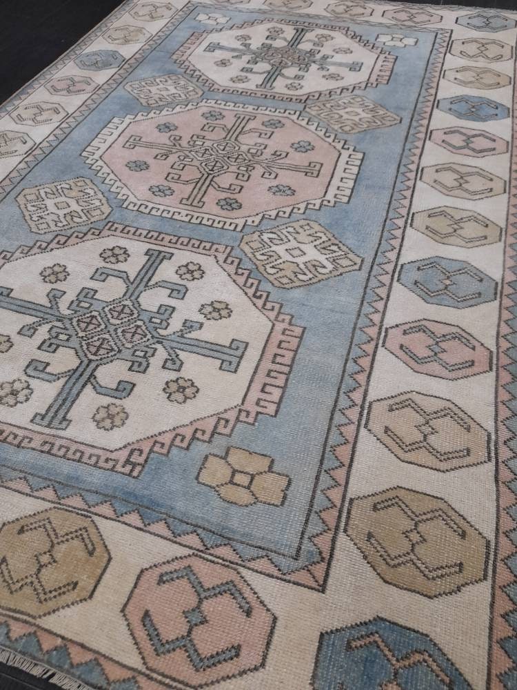 Distressed Wool Hand Made Rug Vintage Oushak Rug Blue 5x8  Oriental Rug, Rug Vintage Turkish Rug, Farmhouse Rug Vintage Rug Living room Rug