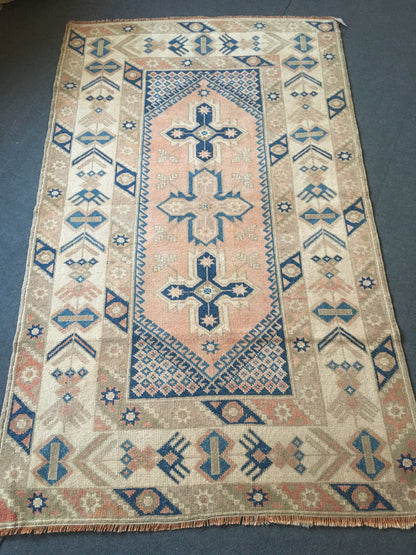 3.7x6.2 ft muted anatolian bedroom rug, vintage kitchen green floor rug, handmade wool blue turkish living room area rug, bathroom wide rug