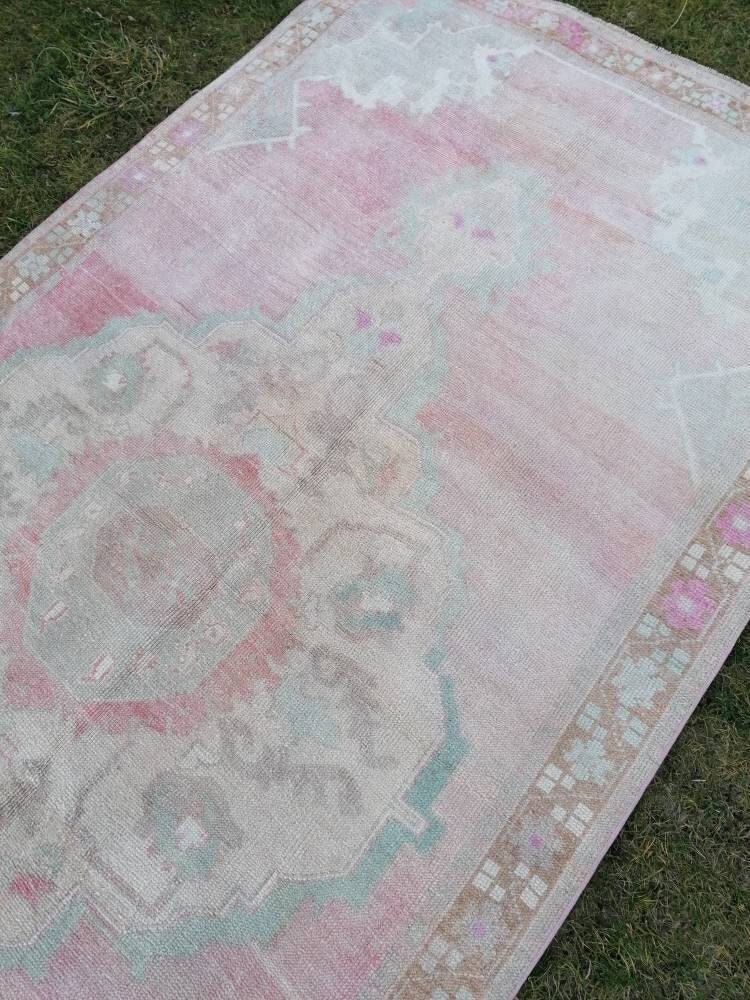 Vintage oushak rug 5'2x10'4 pastel turkish handmade rug, living room rug