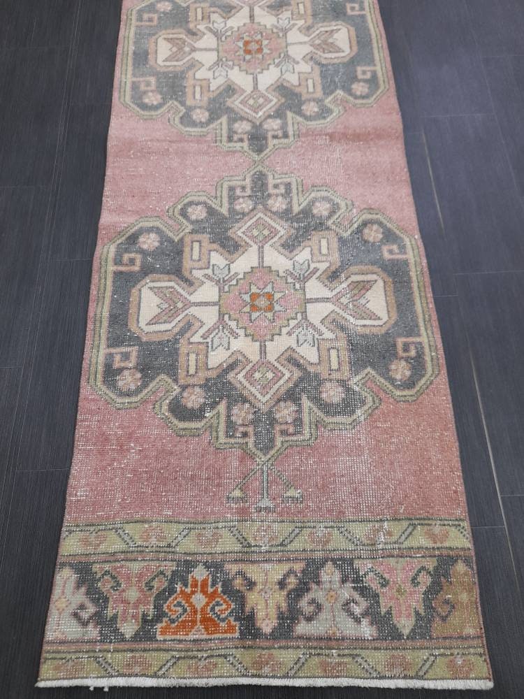 Muted Vintage Runner Rug 2.6 x 10.6 Hand Made Runner Rug Turkish Runner Rug Pink Vintage Runner Rug Hallway Runner Rug Wool Kitchen Runner