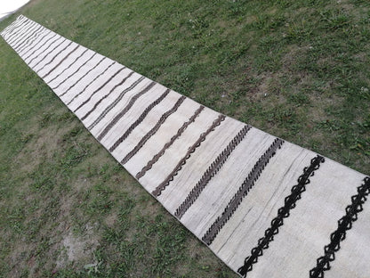 2.6 x 33 Neutral extra long runner rug, flatweave kilim runner, stripe handmade runner rug, turkish woven runner, no dye runner rug