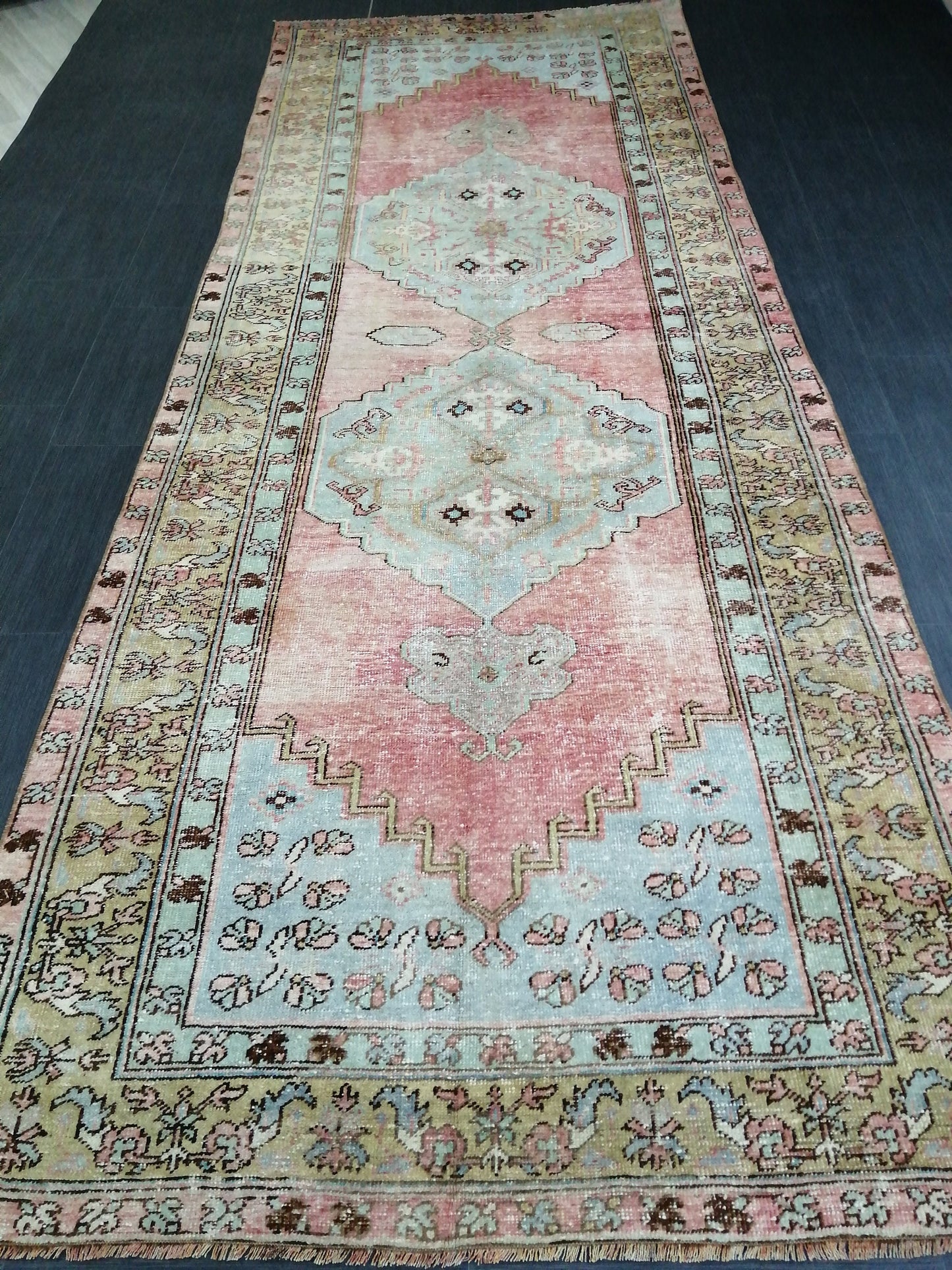 Floral Oushak Runner Rug 4.4 x 11.9 Turkish Runner Rug Vintage Runner Rug Hallway Runner Rug Kitchen Runner Rug Antique Wool Runner Rug