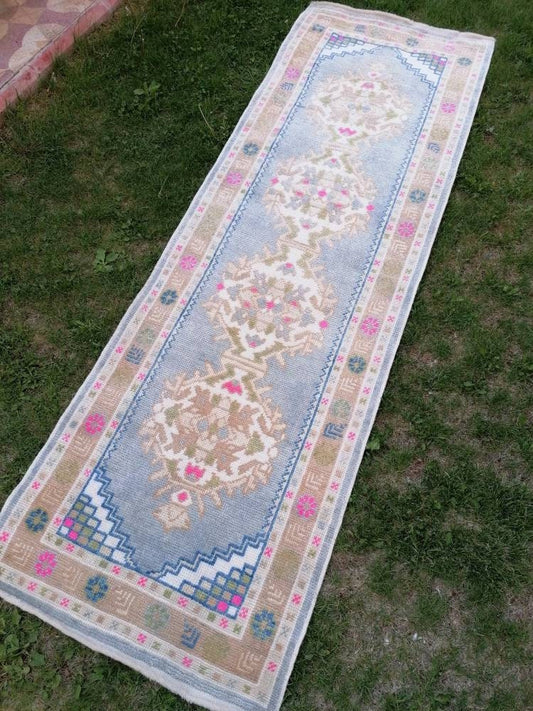 2'10x8'10 blue turkish oushak runner, new production hallway handmade runner turkish runner rug kitchen runner