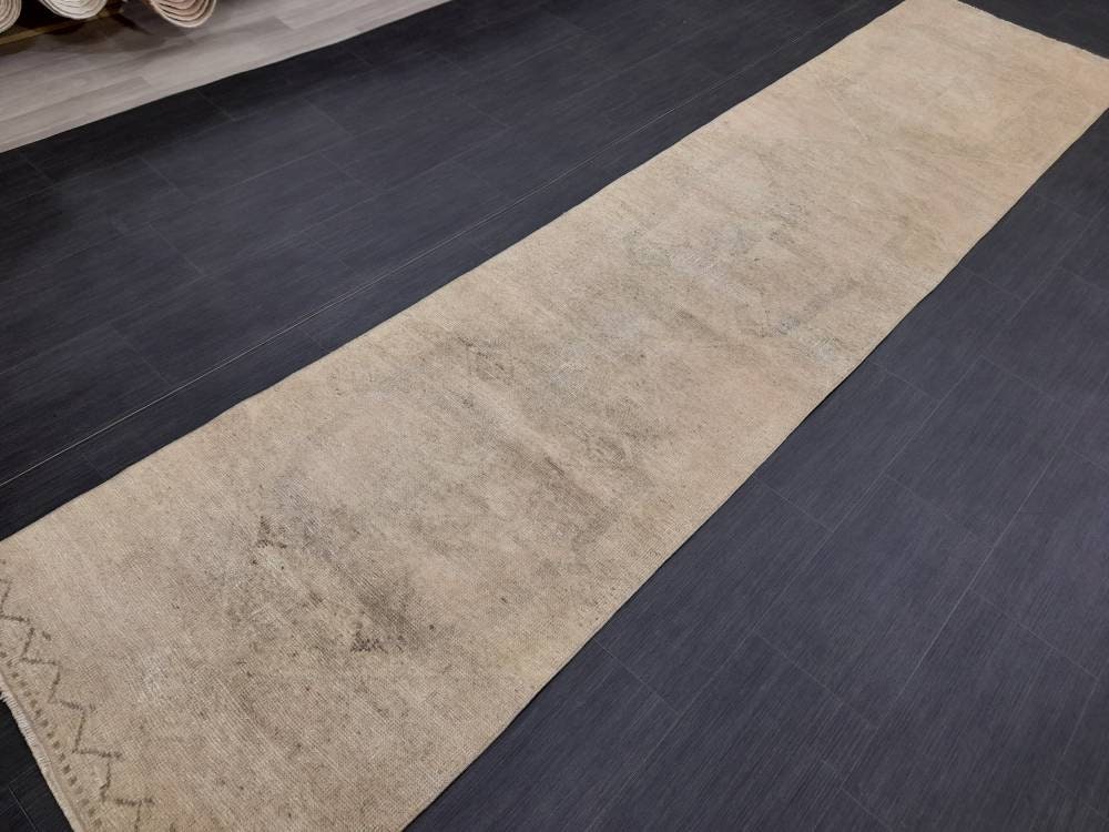 Neutral Vintage Hand Made Runner Rug Turkish Runner Rug 2.8 x 12.3 Faded Vintage Runner Rug Hallway Runner Rug Neutral Kitchen Runner Rug