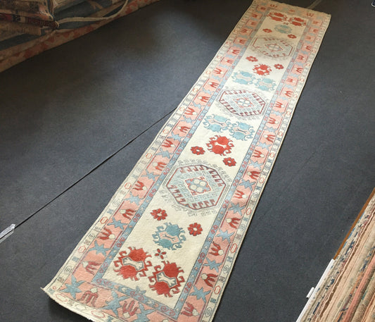 2.5x7.5 feet vintage bohemian long runner, handmade turkish beige wool runner, kitchen floor runner rug, living room runner, corridor runner