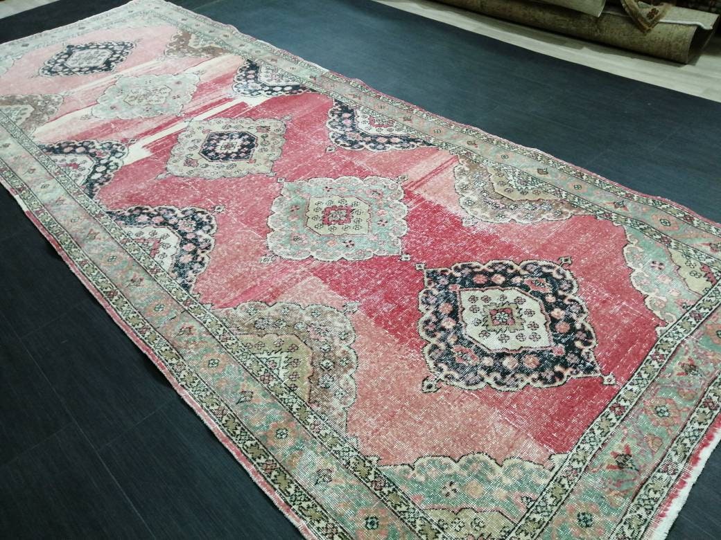 Vintage Runner 4.8 x 12.4 TURKISH Muted Runner Rug Vintage Oushak Runner Rug Light Pink Runner Rug Wool Oriental Runner Antique Runner Rug