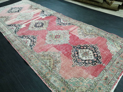 Vintage Runner 4.8 x 12.4 TURKISH Muted Runner Rug Vintage Oushak Runner Rug Light Pink Runner Rug Wool Oriental Runner Antique Runner Rug