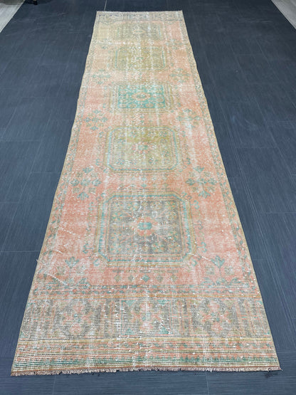 Turkish Runner Rug 3 x 11.4 Distressed Handmade Runner Rug Vintage Runner Rug Vintage Runner Rug Hallway Runner Rug Wool Kitchen Runner