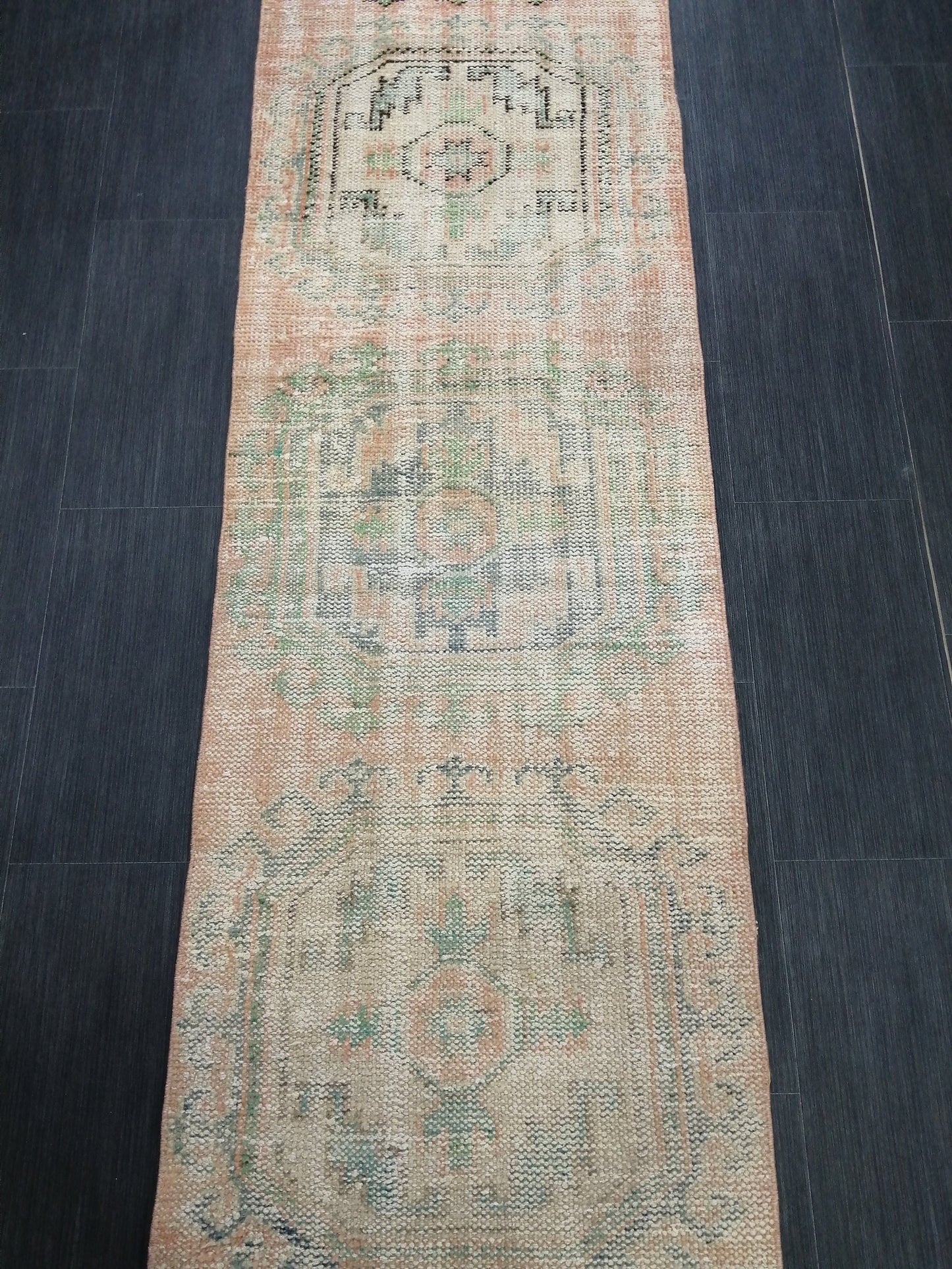 11.9x2.2 Distressed Runner Rug Turkish Runner Rug Muted Vintage Runner Rug  Faded Hallway Runner Rug Kitchen Runner Rug Wool Runner Rug