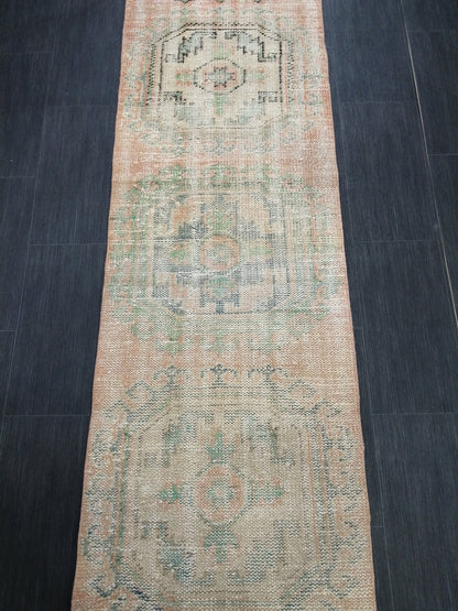 11.9x2.2 Distressed Runner Rug Turkish Runner Rug Muted Vintage Runner Rug  Faded Hallway Runner Rug Kitchen Runner Rug Wool Runner Rug