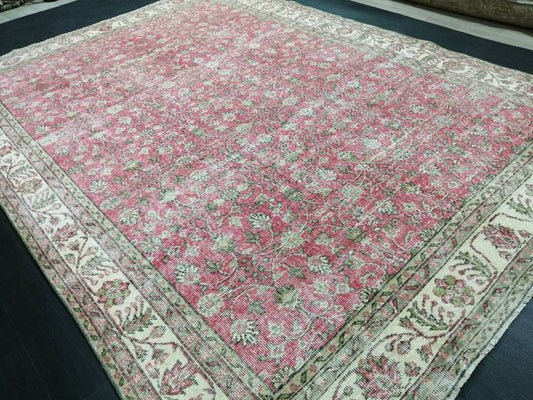 Vintage RUG 7.4 x 10.4 Vintage TURKISH Rug Persian Vintage  Rug Floral Oushak Rug Large Hand Made Rugs Vintage Turkish Pink Rug 7x10