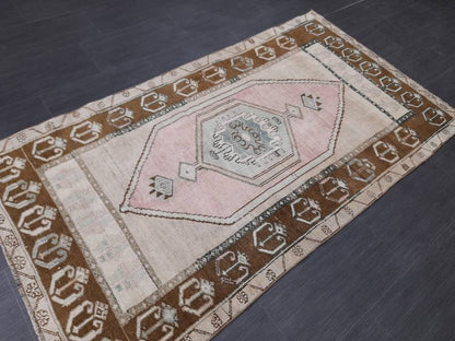 Turkish Rug Pink and Brown Oushak Rugs 3.5 x 6.2 Rug Wool Oriental Rug Hand Knotted Rug Small Farmhouse Rug, Vintage Rug Hand Made Rug