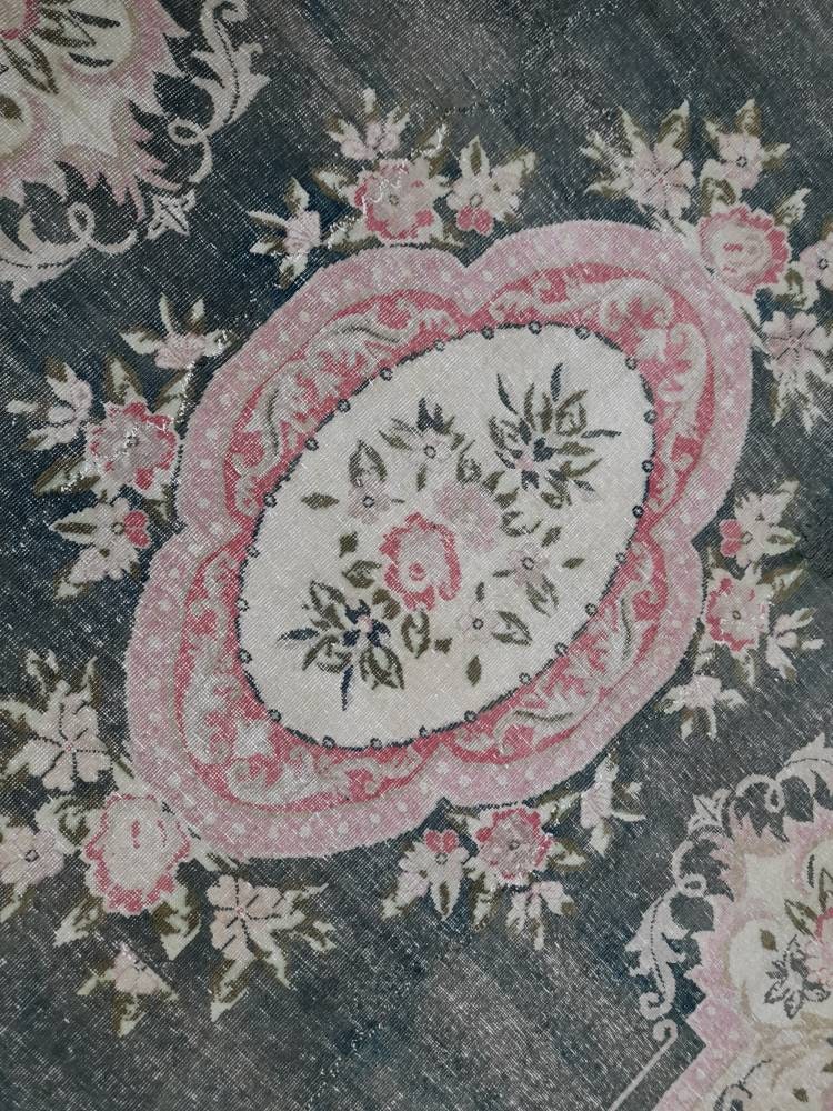 Vintage RUG  Hunter Green and Light Pink Antique Rug Vintage Wool 7.3 x 10 Oriental Rug Hand Made Rug Hand Knotted  Rug Wool on wool Rug