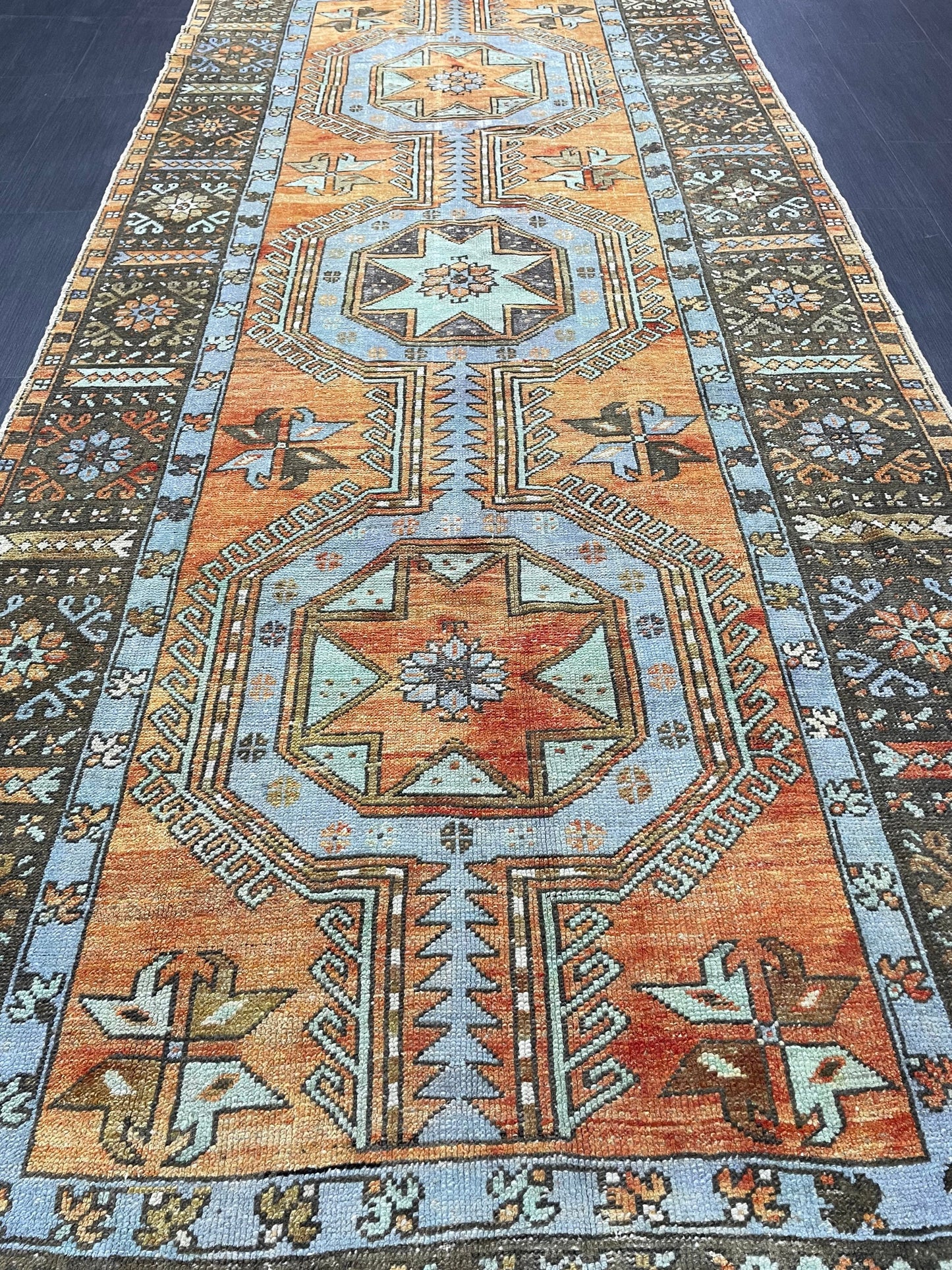 Vintage Hand Knotted Vintage 4.3 x 11.3 Runner Oushak Runner Rug Turkish Runner Rug Vintage Runner Rug Star Kitchen Runner Natural Wool