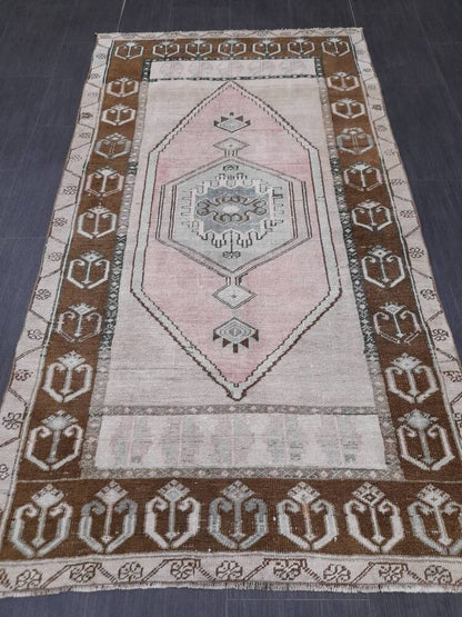 Turkish Rug Pink and Brown Oushak Rugs 3.5 x 6.2 Rug Wool Oriental Rug Hand Knotted Rug Small Farmhouse Rug, Vintage Rug Hand Made Rug