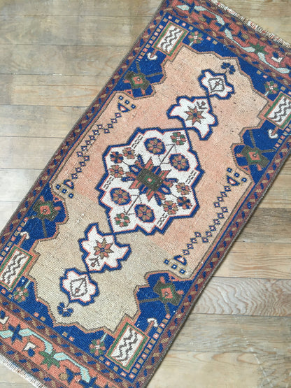 2x3 feet blue muted vintage turkish bath mat, handmade pink kitchen floor small rug, etnique wool anatolian mini rug,tiny small entryway rug