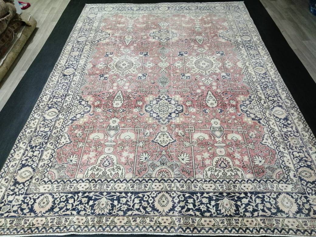 Muted Persian RUG 7.7 x 11 Turkish Oushak Rug Vintage Antique Rug Vintage Blue Pink Rug Wool Muted Oriental Rug Hand Made Rug
