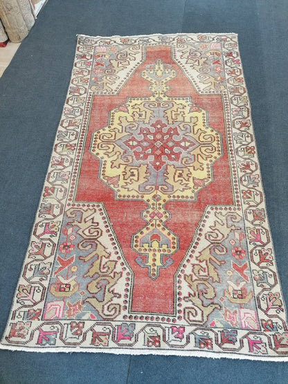 Distressed turkish rug, vintage wool rug 4x8'4 oushak handmade rug, rustic kitchen rug, bohemian rug