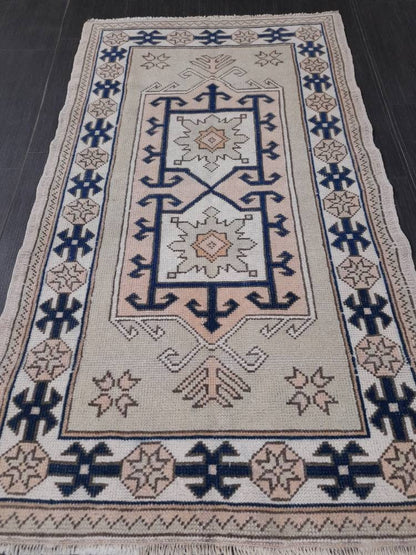 Vintage Turkish Rug, 2.8 x 4.8 Oushak Rug, Wool Oriental Rug, Blue Vintage Persian Rug, Hand Made Rug Vintage Wool Rug