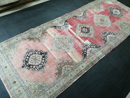 Vintage Runner 4.8 x 12.4 TURKISH Muted Runner Rug Vintage Oushak Runner Rug Light Pink Runner Rug Wool Oriental Runner Antique Runner Rug
