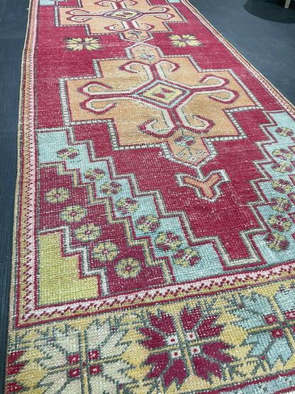 Turkish Runner Rug, Vintage Runner 3.4 x 9.3 Rug, Hallway Runner Rug, Kitchen Runner Rug, Persian Runner, Handmade Rug
