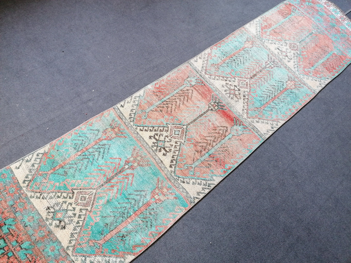 12'x2'11 vintage blue runner rug, vintage hallway runner, vintage kitchen runner rug, vintage anatolian rug