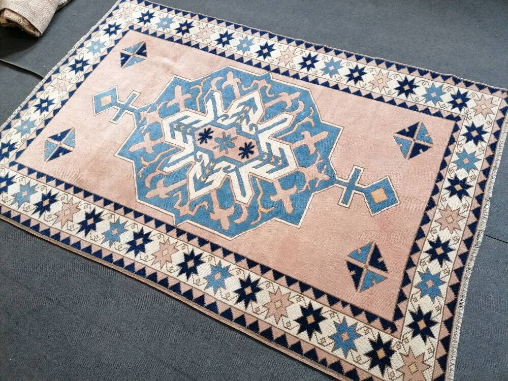 Vintage blue rug 5x7'4 turkish handmade rug, bohemian rug, living room rug, oushak vintage rug