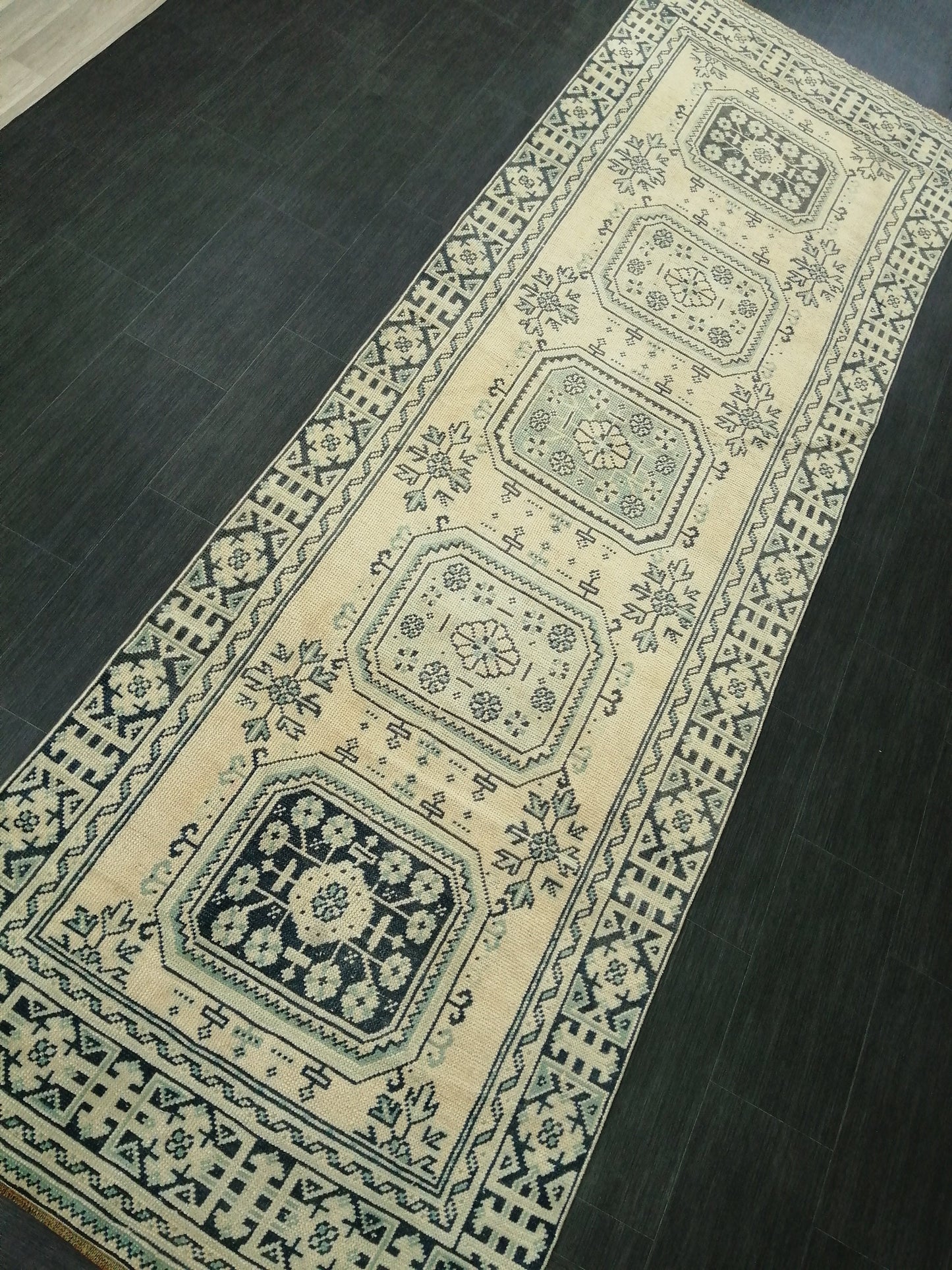 Muted Oushak Runner Rug 11.5 x 3.7 Vintage Turkish Runner Rug Muted Vintage Runner Rug Hallway Runner Rug Kitchen Runner Rug Wool Runner