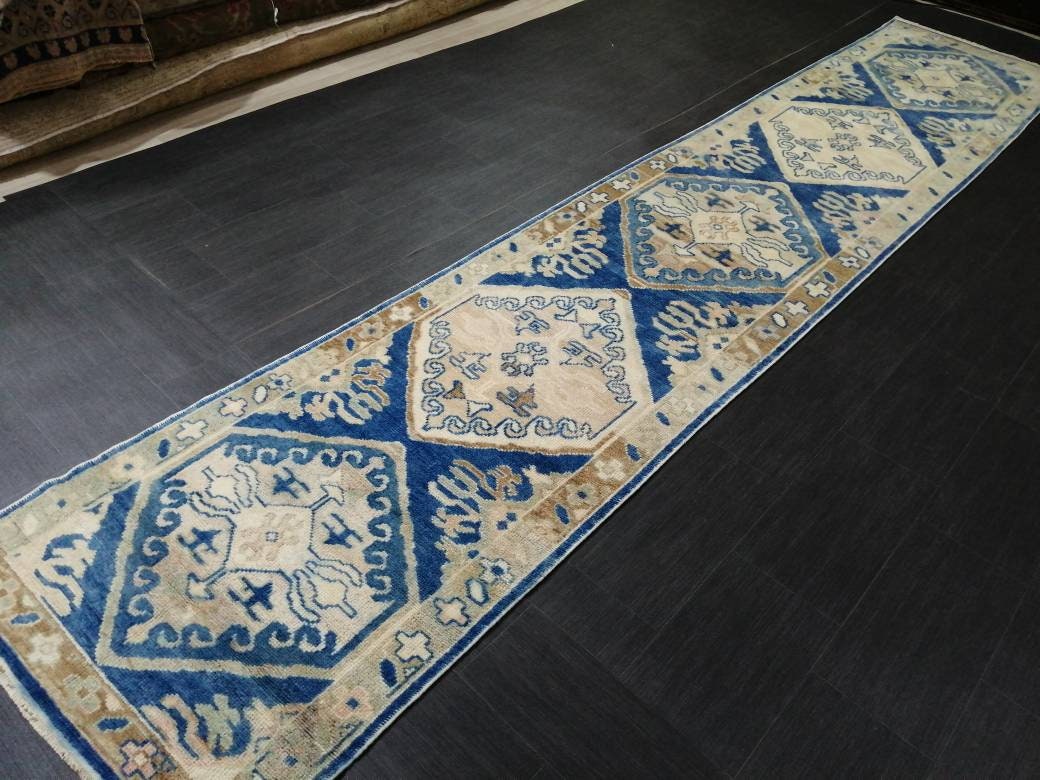Blue Turkish Oushak Runner 2.8 x 14.5 Turkish Runner Rug XL Vintage Runner Rug Long Hallway Runner Rug Kitchen Runner High Wool Pile Runner