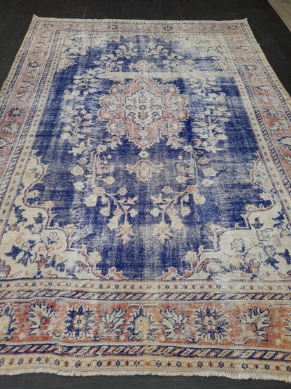 Antique Distressed RUG Wool Distressed TURKISH Rug 6.6 x 9.6 Blue Vintage Rug Vintage Rug Wool Oushak Rug Hand Made Rug Hand Knotted Rug