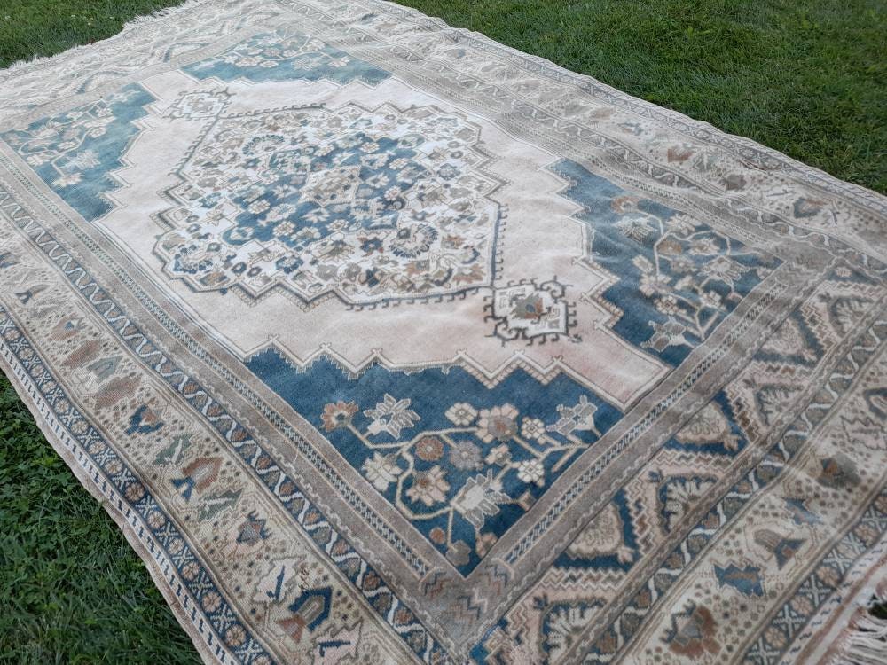 Muted TURKISH Rug Vintage Oriental Rug Vintage Persian Rug Blue OUSHAK RUG 6 x 10 Oushak Rug Hand Made Rug Vintage Excellent Condition Rug