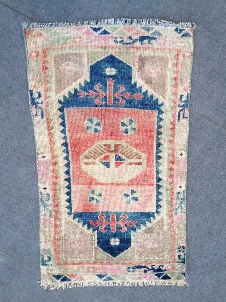 Vintage wool small rug 1'8x2'9 turkish oushak rug, blue hallway hand made rug kitchen rug bohemian rug