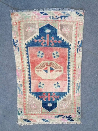 Vintage wool small rug 1'8x2'9 turkish oushak rug, blue hallway hand made rug kitchen rug bohemian rug