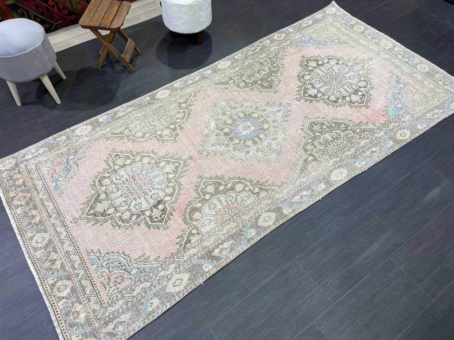 Vintage Runner Rug 4.3 x 9 Persian Runner Rug Wool Oushak Rug Oushak Runner Rug Turkish Runner Pink Kitchen Runner Distressed Hallway Runner