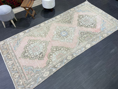 Vintage Runner Rug 4.3 x 9 Persian Runner Rug Wool Oushak Rug Oushak Runner Rug Turkish Runner Pink Kitchen Runner Distressed Hallway Runner