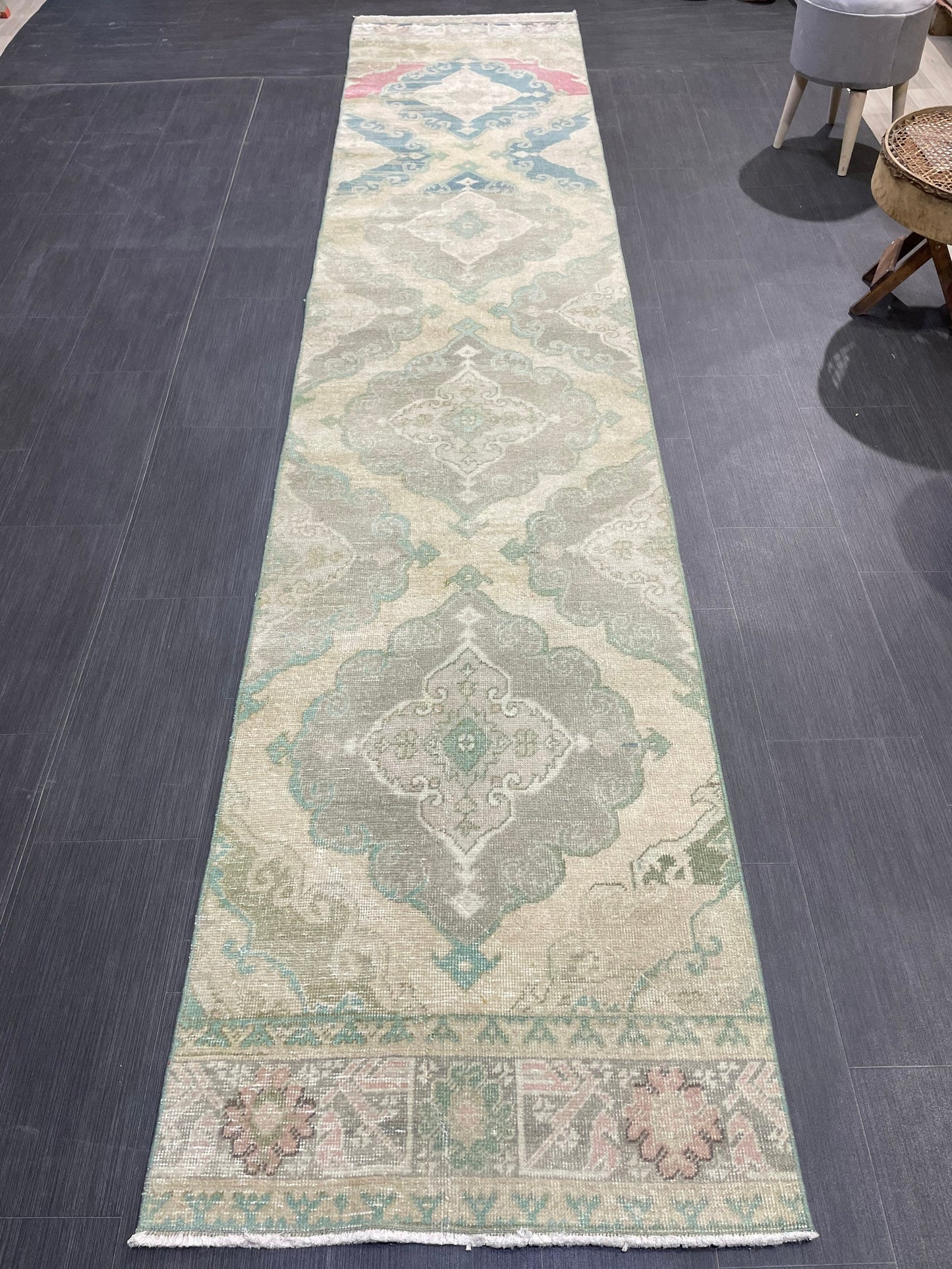 Muted  Handmade Runner Rug, Turkish Runner 2.7 x 13 Rug, Vintage Runner Rug Hallway Runner Rug, Hand Knotted Runner Rug, Persian Runner