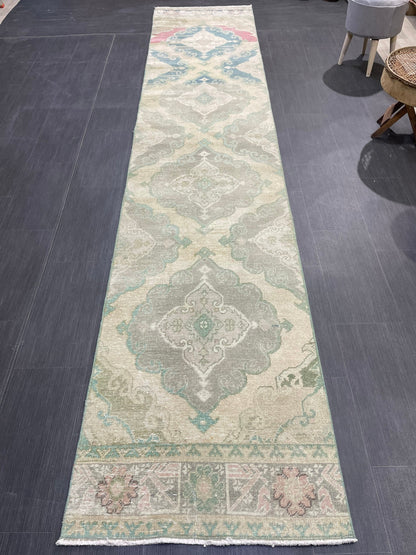 Muted  Handmade Runner Rug, Turkish Runner 2.7 x 13 Rug, Vintage Runner Rug Hallway Runner Rug, Hand Knotted Runner Rug, Persian Runner