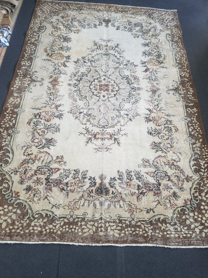 7x10 feet large oushak wool rug, turkish handmade oversize area rug, muted living room rug, vintage dining room wool rug,kids room large rug