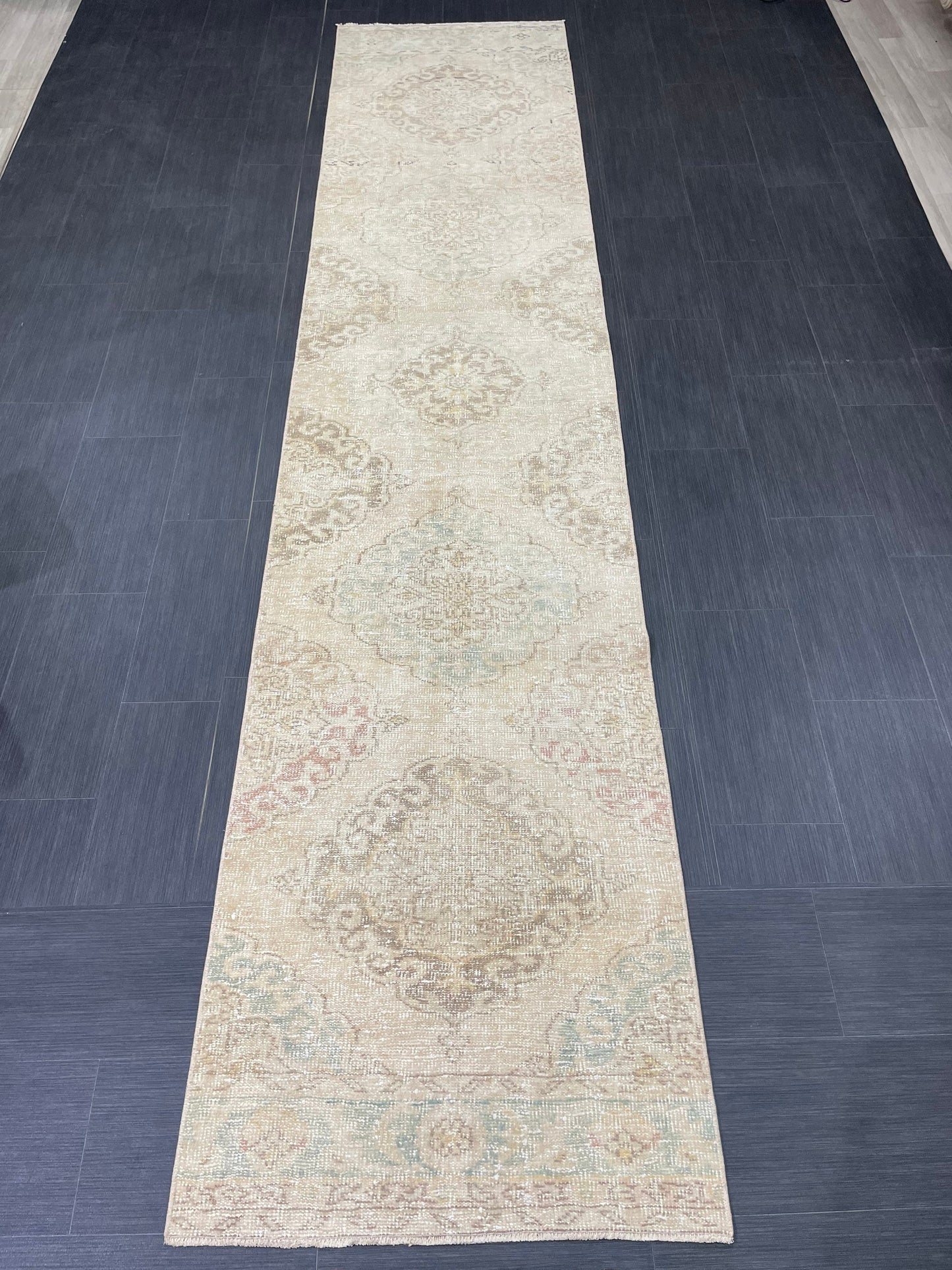 MUTED Runner Rug 2.8 x 12.7 Vintage Turkish Runner XL Vintage Natural Runner Rug Oushak Runner Rug Persian Soft Wool Runner