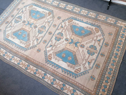 7x10'8 large area oushak rug, living room hand made rugs vintage blue turkish wool rug