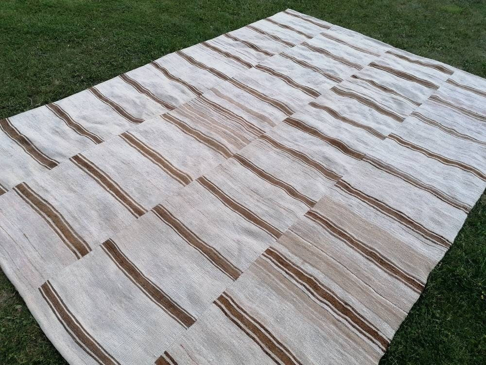 8x12 feet flatweave wool kilim, neutral color stripe rug handmade turkish kilim rug, oversize oushak brown kilims, hallway kilims