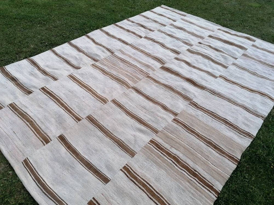 8x12 feet flatweave wool kilim, neutral color stripe rug handmade turkish kilim rug, oversize oushak brown kilims, hallway kilims