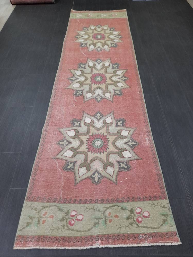 Vintage Wool Runner Rug Muted 2.9 x 10.7 Hand Made Runner Rug Turkish Runner Rug Vintage Runner Rug Hallway Runner Rug Wool Kitchen Runner