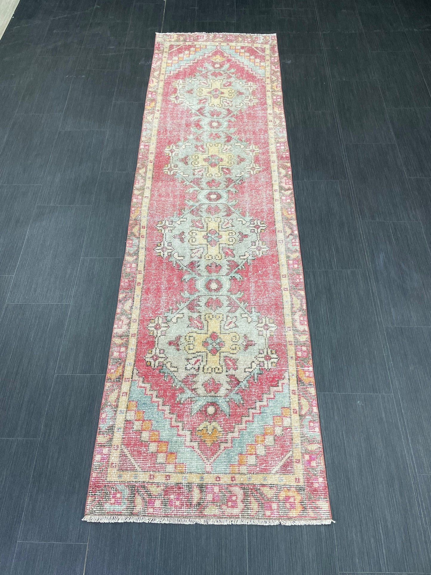 Short Vintage Runner Rug 2.4 x 8.5 Hand Knotted Runner Rug Turkish Runner Rug Vintage Runner Rug Hallway Runner Rug Wool Kitchen Runner