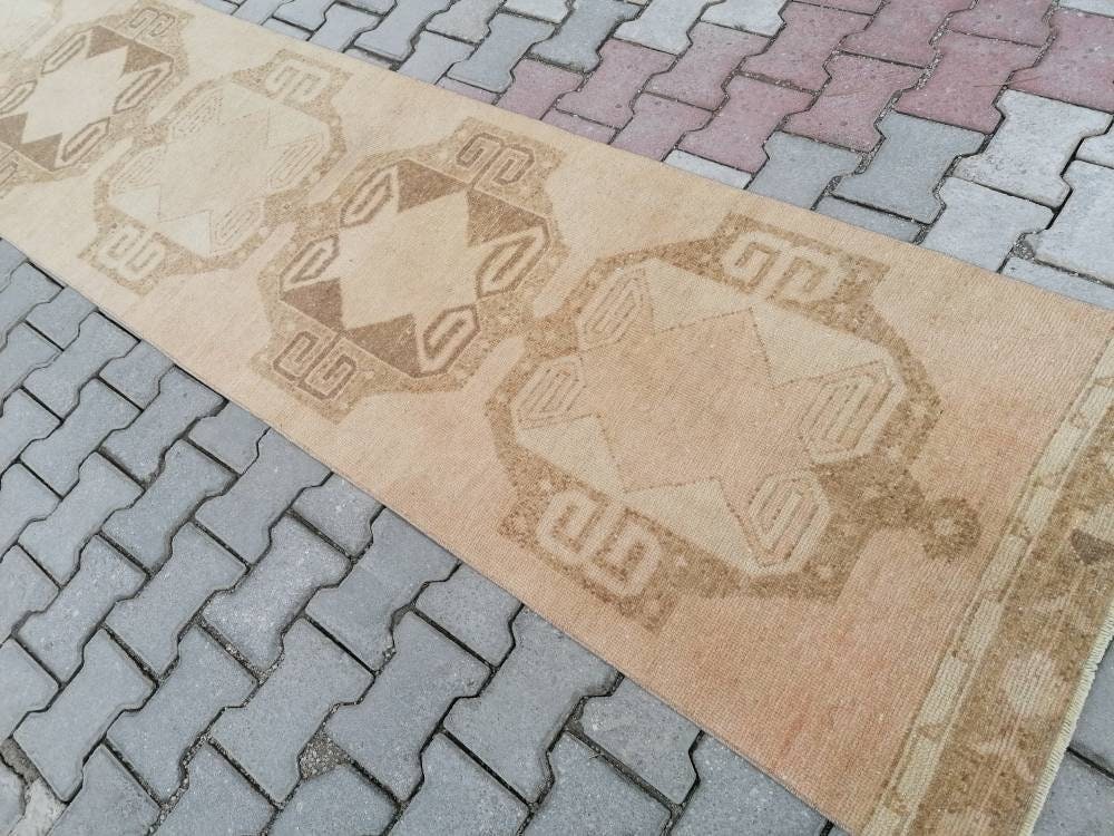 21'4x2'7 long handmade wool runner, neutral oushak runner rug,hallway vintage runner rug,
