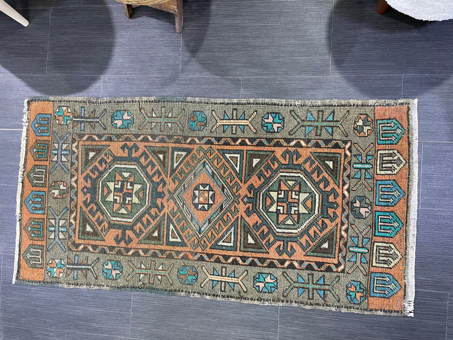 Hand Knotted Runner Rug, Vintage 2 x 4.4 Runner Rug,Handmade Short Runner Rug,Bathroom Runner Rug, Antique Runner Rug, Vanity Runner Rug