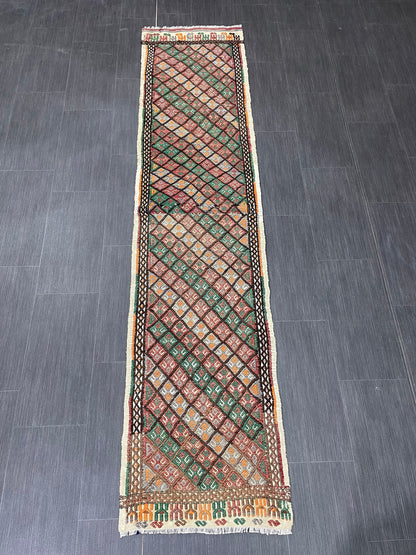 Handmade Embroidery Runner Rug 1.8 x 8 Turkish Runner Rug Flat weave Vintage Runner Rug  Flat-woven Hallway Runner Rug Kitchen Runner