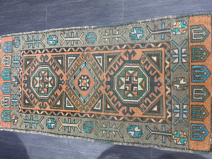 Hand Knotted Runner Rug, Vintage 2 x 4.4 Runner Rug,Handmade Short Runner Rug,Bathroom Runner Rug, Antique Runner Rug, Vanity Runner Rug