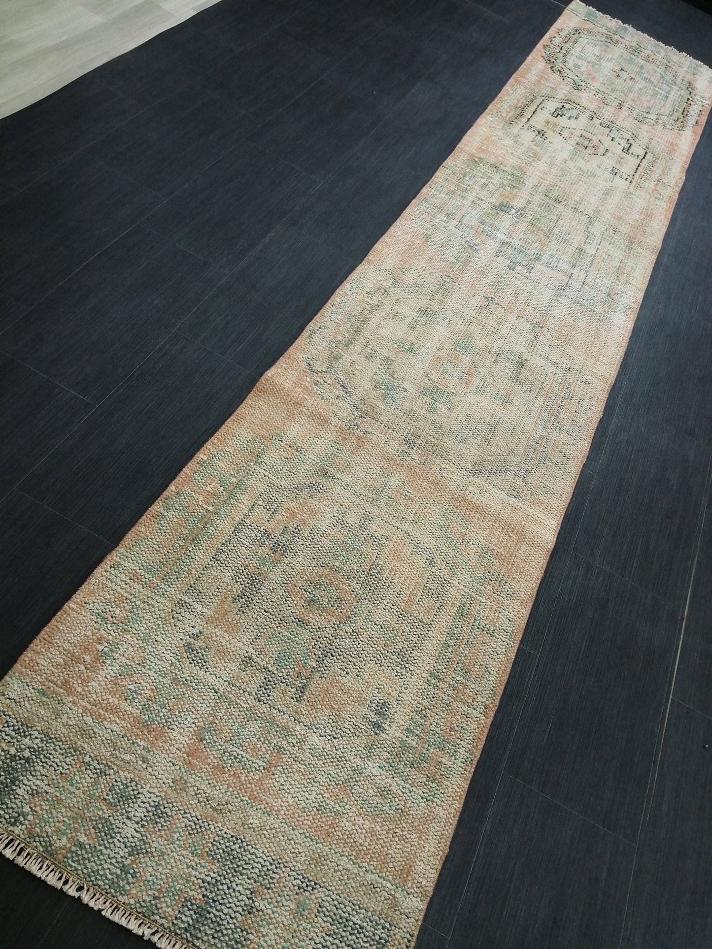 11.9x2.2 Distressed Runner Rug Turkish Runner Rug Muted Vintage Runner Rug  Faded Hallway Runner Rug Kitchen Runner Rug Wool Runner Rug